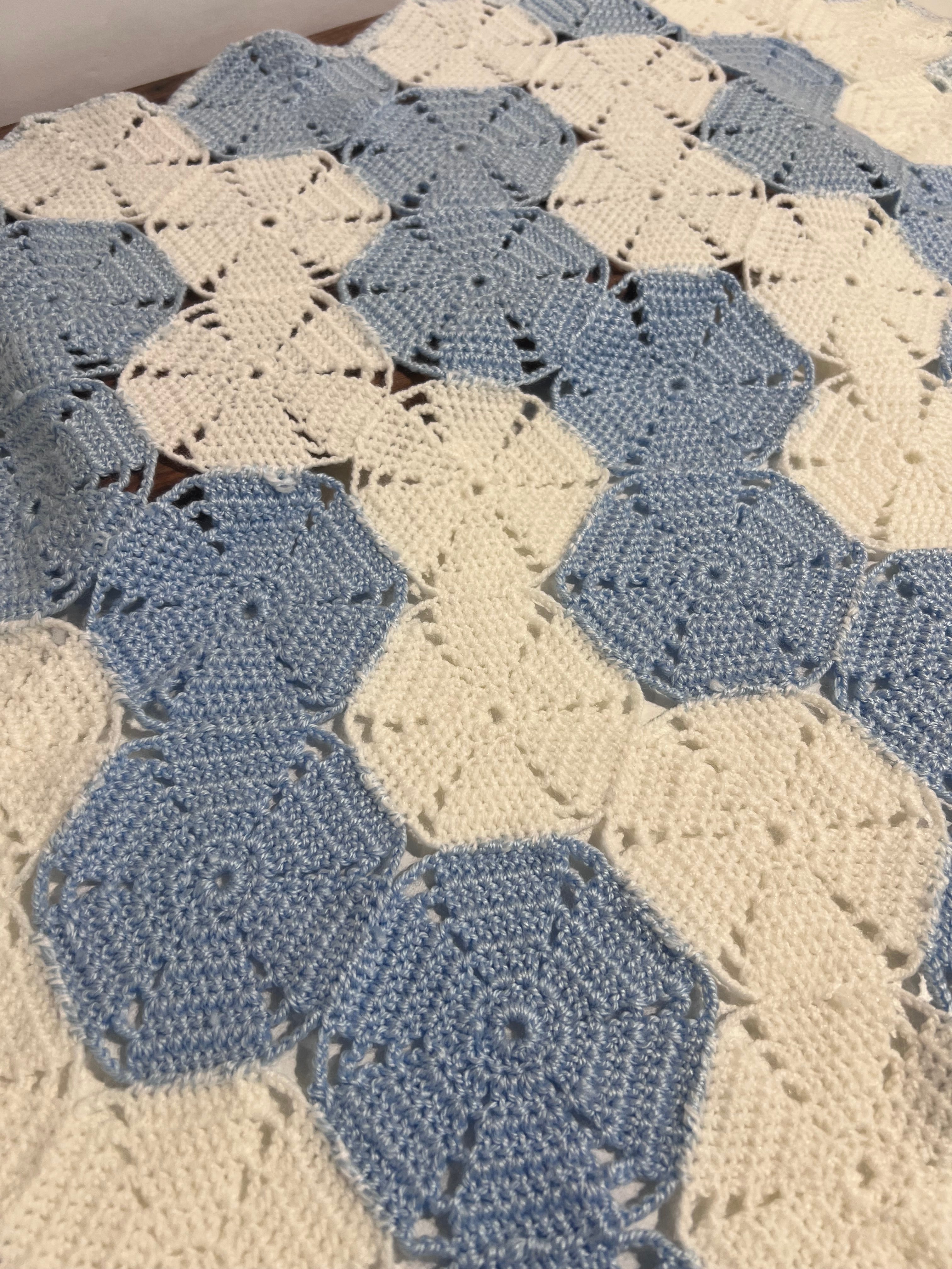Vintage handmade crochet lap blanket blue white