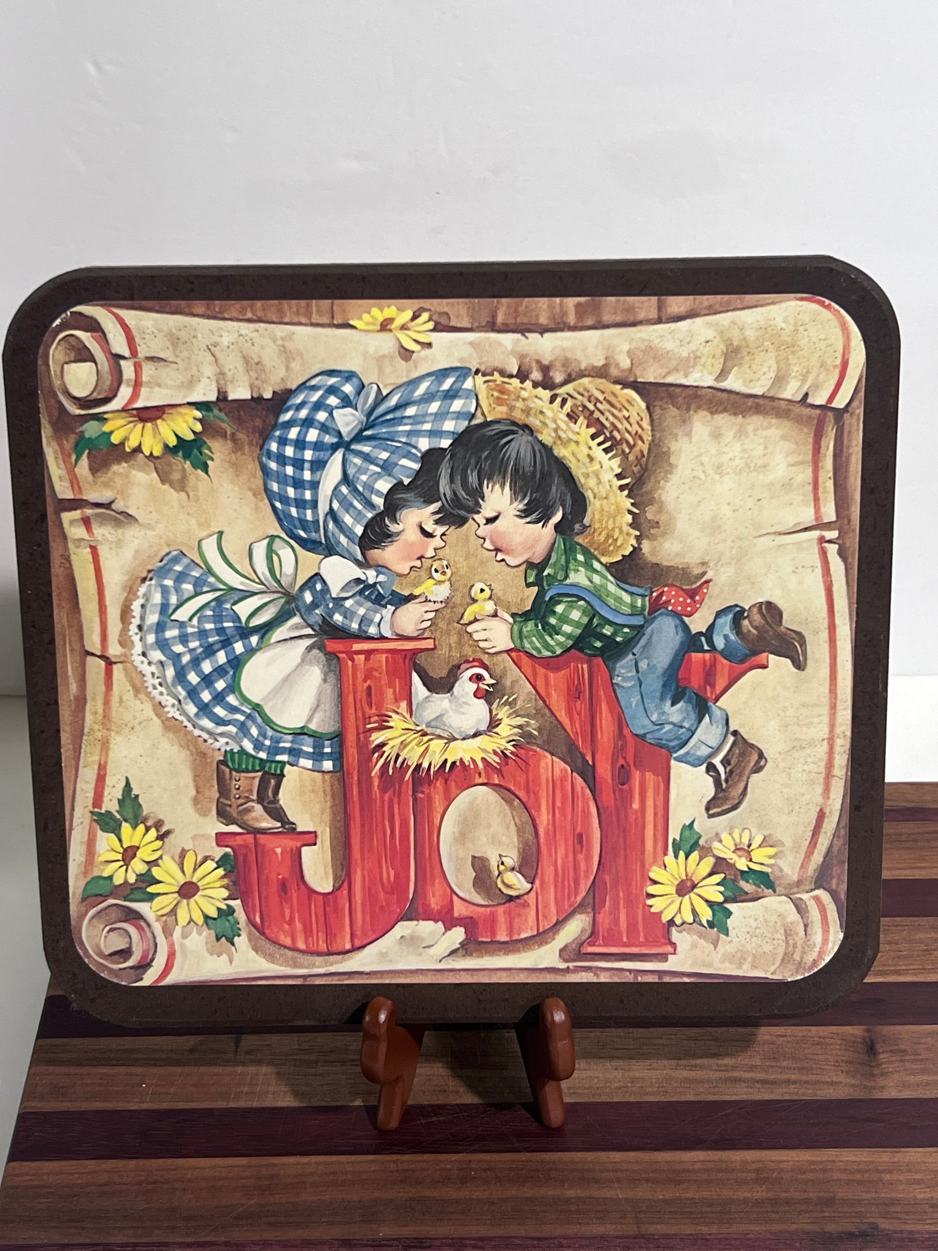 Vintage 1970s Homco JOY Wood Wall Plaque Country Cottagecore Farmhouse