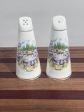 Vintage Shelby Ann Collection Fine Bone China England Salt & Pepper Shakers Fishing Purple Floral Manitoba