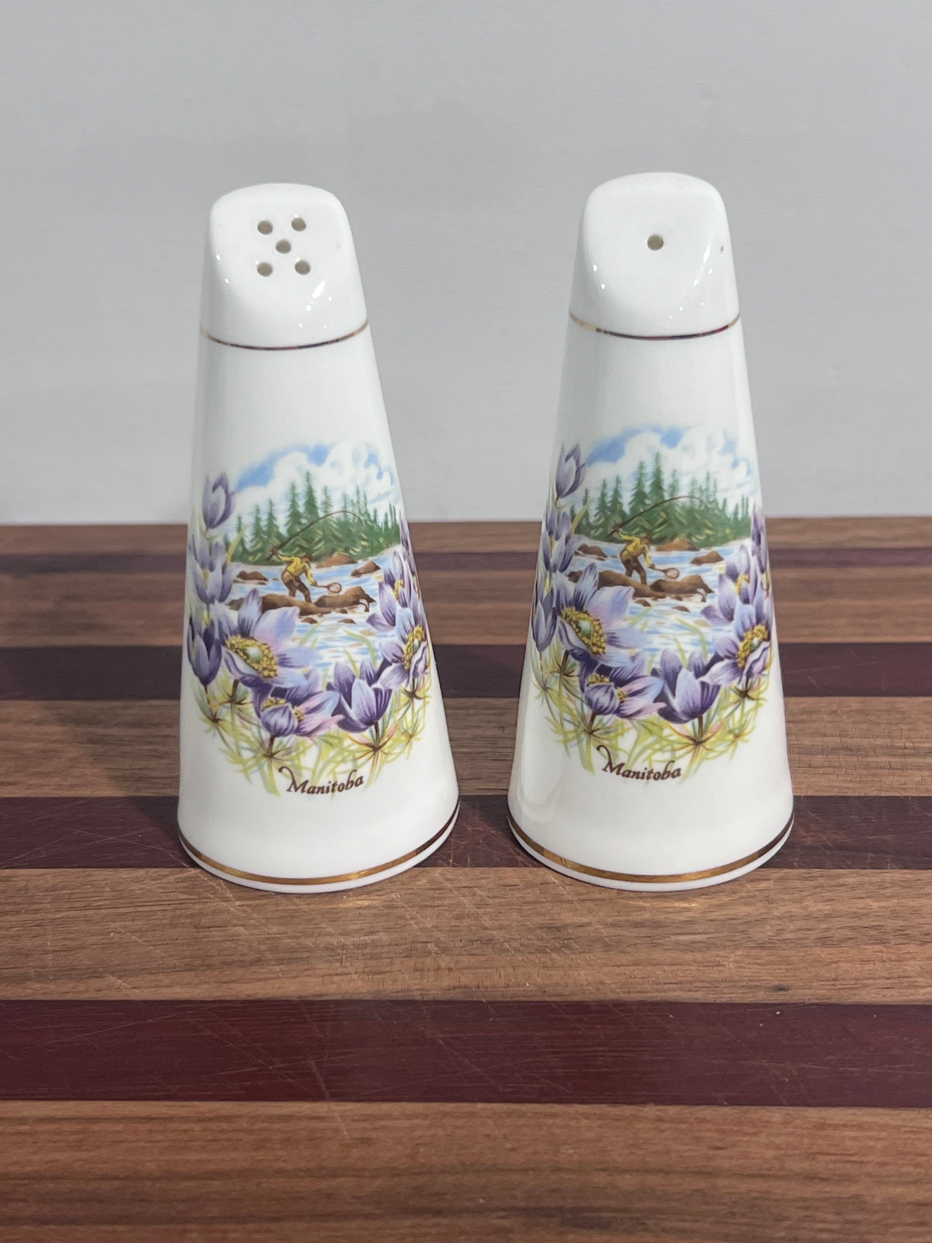 Vintage Shelby Ann Collection Fine Bone China England Salt & Pepper Shakers Fishing Purple Floral Manitoba