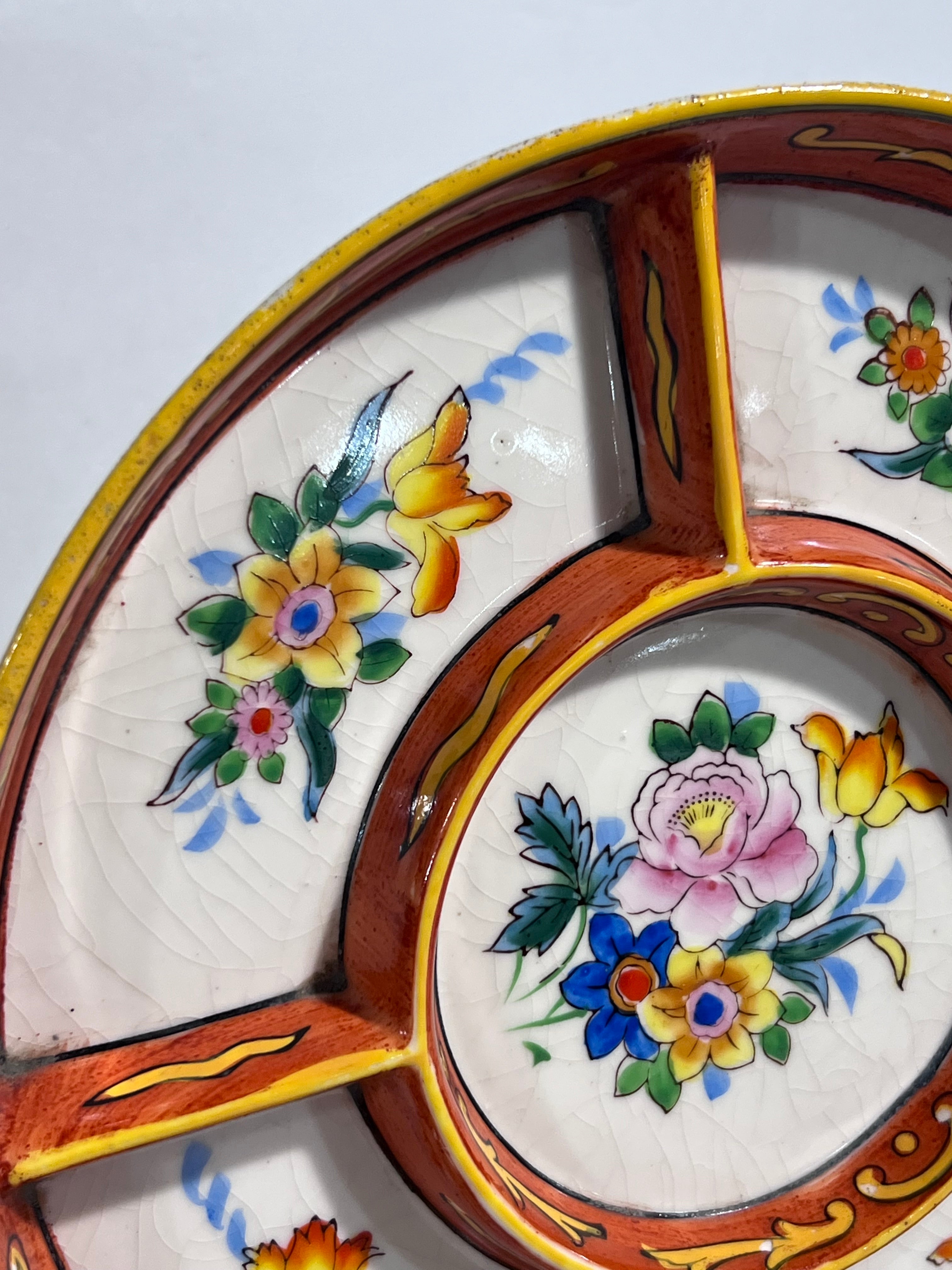Antique 1920s Moriyama Mori-Machi hand-painted floral divided serving plate from Japan