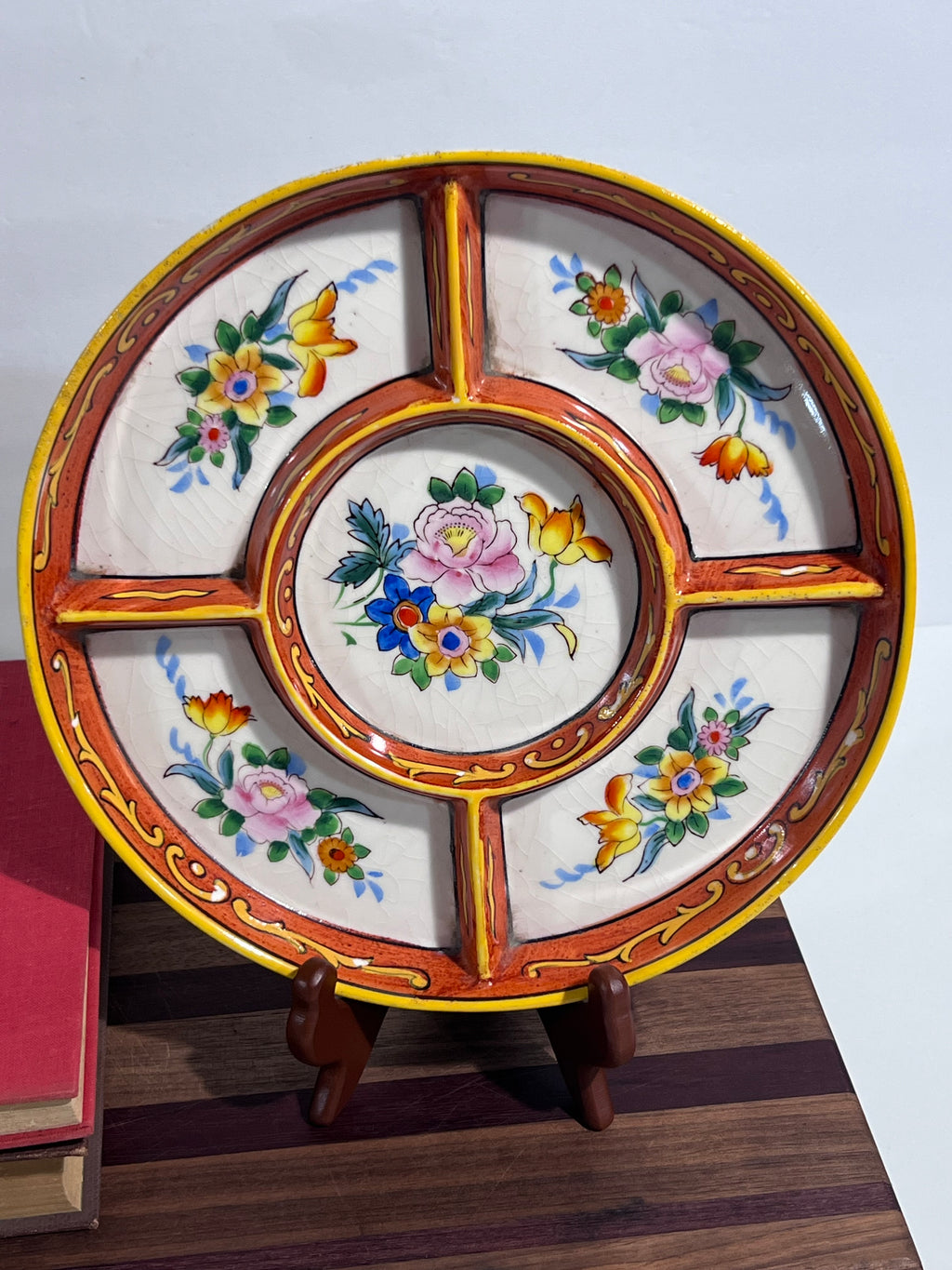 Antique 1920s Moriyama Mori-Machi hand-painted floral divided serving plate from Japan