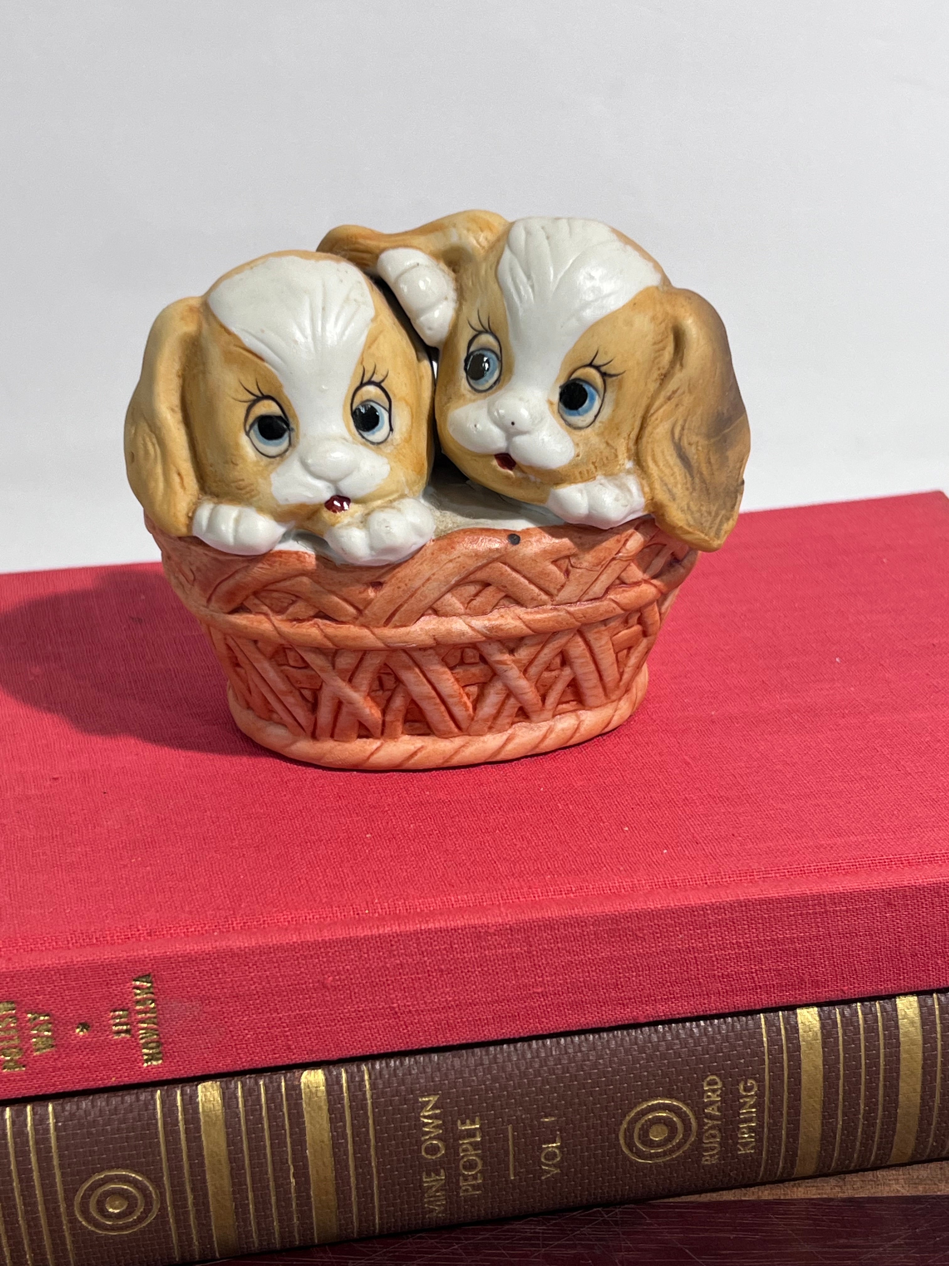 Vintage Ceramic Cocker Spaniel Puppies in a Basket
