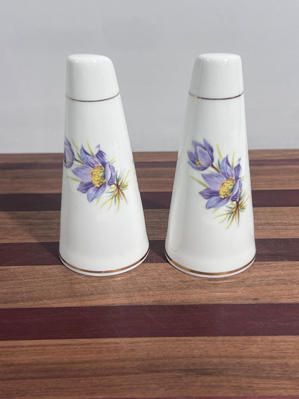 Vintage Shelby Ann Collection Fine Bone China England Salt & Pepper Shakers Fishing Purple Floral Manitoba