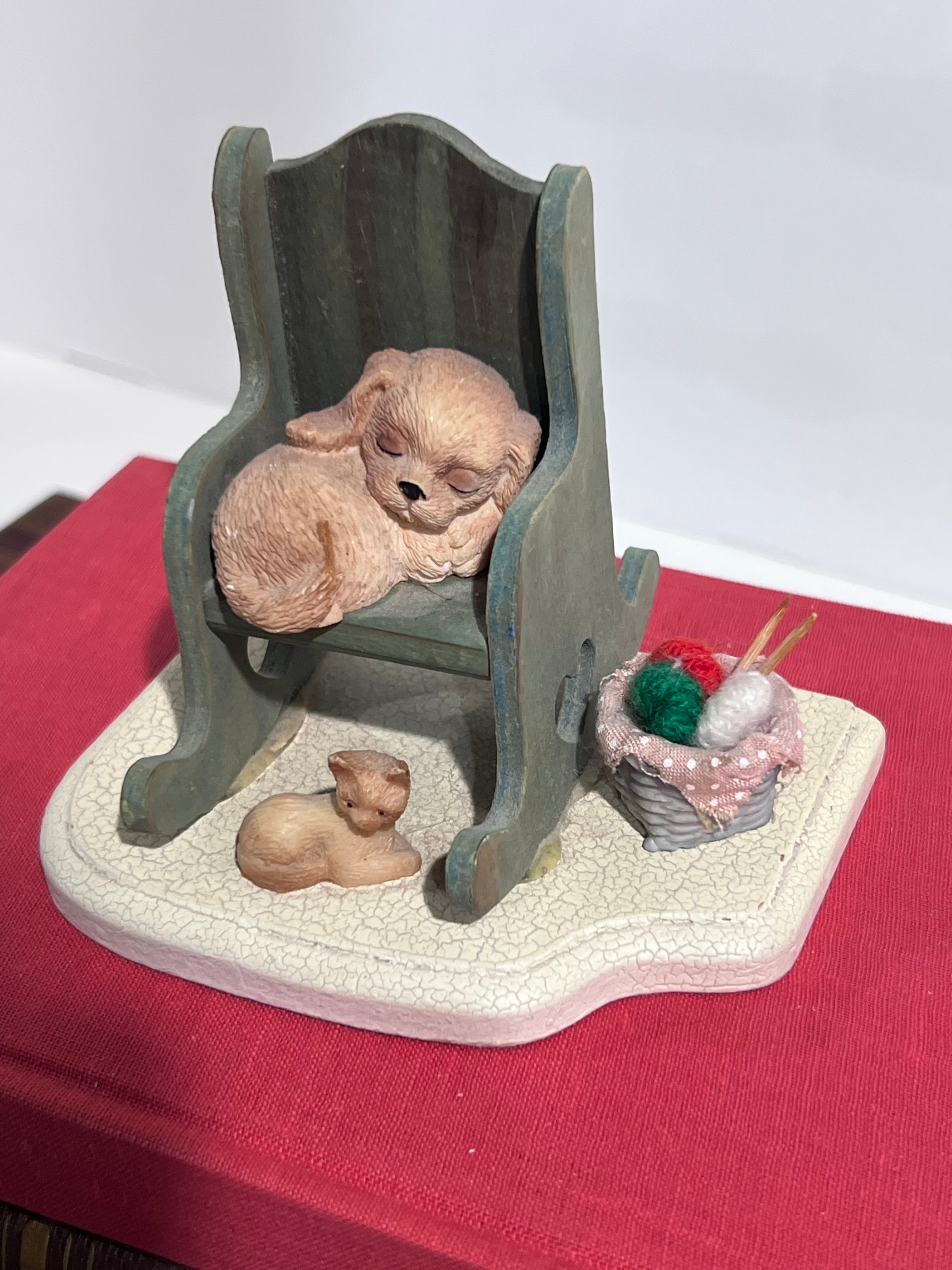 Vintage 1988 Wangs International Puppy Sleeping Rocking Chair Cat Yarn