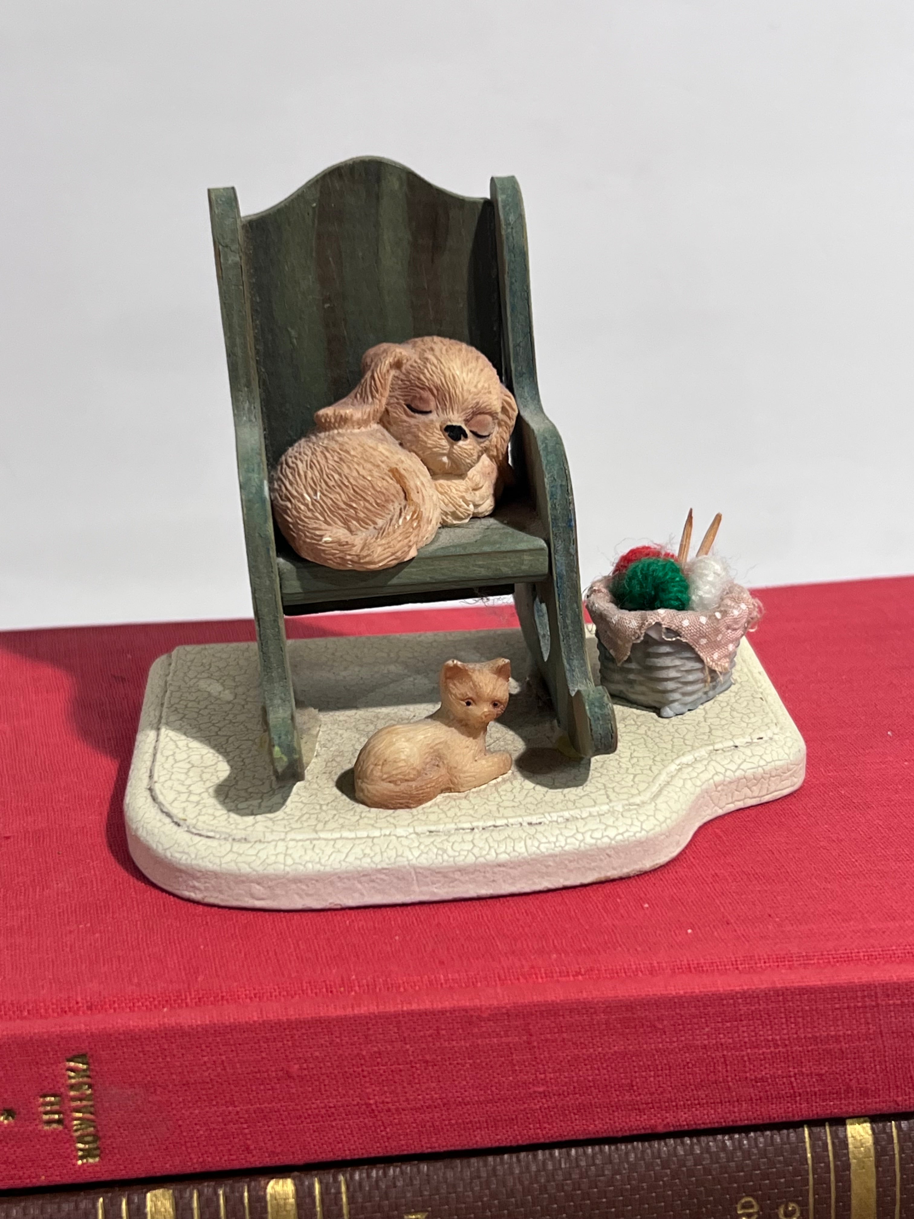 Vintage 1988 Wangs International Puppy Sleeping Rocking Chair Cat Yarn